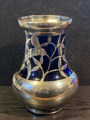 Vintage Friedrich Wilhelm Spahr Silver Overlay 1000 Vase on Cobalt Blue , Signed - Bild 1 von 4