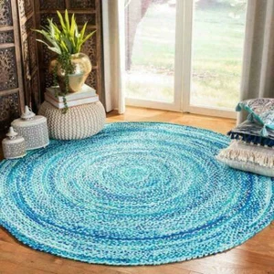 Rug 100% Cotton Handmade Reversible 4x4 Feet Area Round Rug Modern Look Rug - Picture 1 of 9