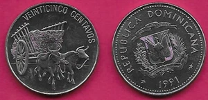 DOMINICAN REP 25 CENTAVOS 1991 UNC 2 OXEN PULLING CART,NATIONAL ARMS,NAME OF THE - Picture 1 of 1