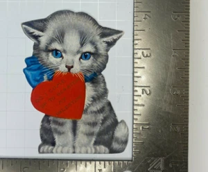 Eduardiano Victoriano San Valentín Troquelado Gris Gato Azul Arco Ojos Sostiene Corazón Boca - Imagen 1 de 2