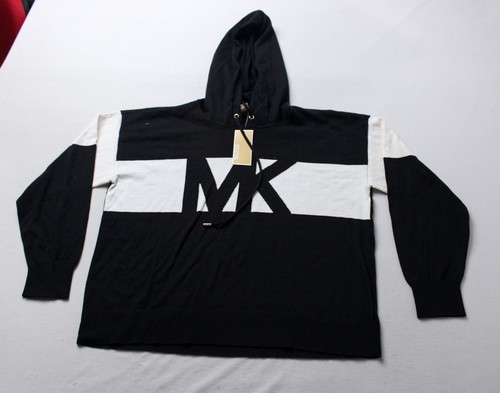 Felpa con cappuccio Michael Kors donna colorblock a righe logo MK WR4 nera media nuova con etichetta