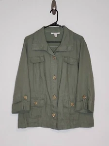 JM Collection Women's Linen 3/4 Sleeve Button Down Military Green Jacket Sz 14  - Picture 1 of 10