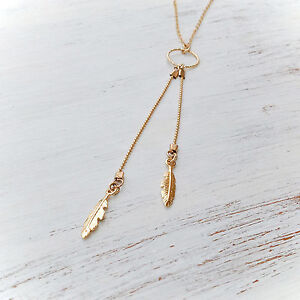 Lariat Necklae 14k Yellow Gold Filled Feather Charm  Y Necklace
