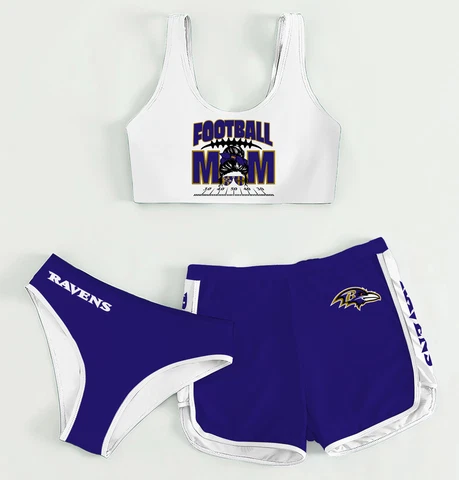 Baltimore Ravens Women's Bikini 3PCS Crop Top With Shorts Athletic Swimsuits Cover