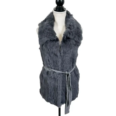 Ya Los Angeles Gray Rabbit Fur Vest Size S Collared Belted Pockets 70s Boho - Image 1 of 4