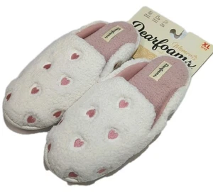 Dearfoams Damen Hausschuhe weiß mit rosa Herzen XL (11-12) Slipper Memory Foam Neu mit Etikett - Bild 1 von 9