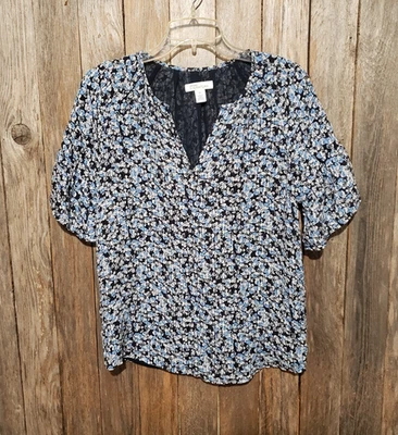 Blusa Top de Seda Nordstrom Signature XS Azul Floral Manga Campana Cottage Boho Foto 1 de 4