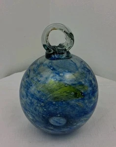 Blue Green Hand Blown Art Glass Orb Ball Heavy Controlled Bubbles Open Bottom - Picture 1 of 10