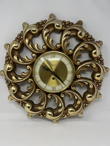 Vintage Mid Century Syroco 8-Day Wall Clock Gold Ornate 19" No Key - Picture 1 of 15