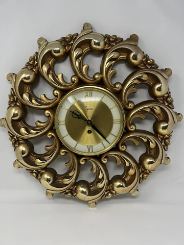 Vintage Mid Century Syroco 8-Day Wall Clock Gold Ornate 19" No Key Cover