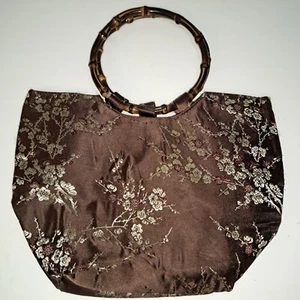 Bestickte Kirschblütenhandtasche mit Griffen im Bambusstil braun asiatisch einzigartig - Bild 1 von 18