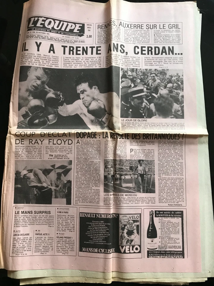 L'Equipe Journal 27-28/10/1979; Il y a 30 ans, Marcel Cerdan/ Ray Floyd/ Dopage - Photo 1/1
