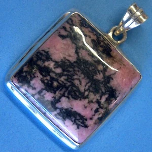 P587A Sterling Silver Square Rhodonite Pendant Charm 1.8" Cabochon New Solid 925 - Picture 1 of 6