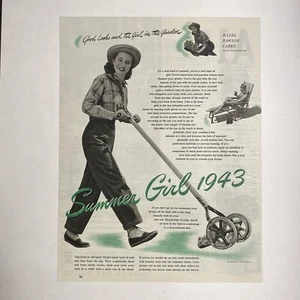 Women’s History Summer Girl 1943 WWII Pin Up Girl Lawn Mowing Print Ad Clipping - Picture 1 of 2