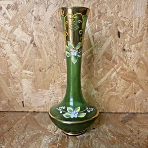 Vintage Tschechische Handbemalte Grün & Gold Glas Vase Floral 20,5 cm - Bild 1 von 10
