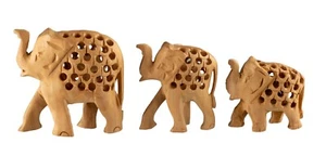 Figurenpaar Elefant Holz aus Indien - Paket Von 3 Unikat -handwerk Handmade 3942 - Picture 1 of 7