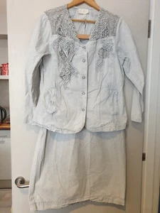 ANN BALON SUIT Ladies S-M SKIRT Cotton Italy Pale Blue LACE INSERTS Stonewash - Picture 1 of 19