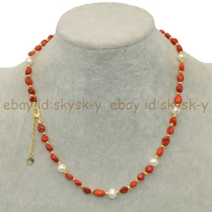 Natural 5-10mm Red Coral Freedom Gems Beads White Pearl Necklace 14-48'' - Picture 1 of 19