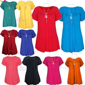 Womens FRILL NECKLACE GYPSY Tunic Short Sleeve Long ladies V Neck Tops size 8-22 - Picture 1 of 24