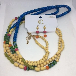 Charming Charlie Necklace And Earrings NWT Glass Plastic Wood Beads Blue Orange - Picture 1 of 5