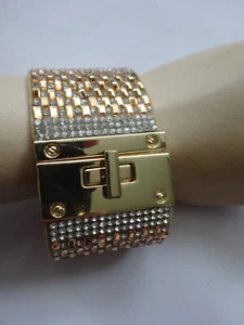 Suede & Gold Tone Metal Wide Cuff Bracelet With Crystals - Picture 1 of 11