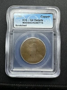 1788 Massachusetts Cent Colonial Copper Coin ICG - G4 Details Scratched - Picture 1 of 2