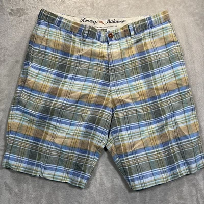 Tommy Bahama Shorts Golf Men's 35 Linen Plaid Bermuda Blue Green Flat Front Golf - Image 1 of 4