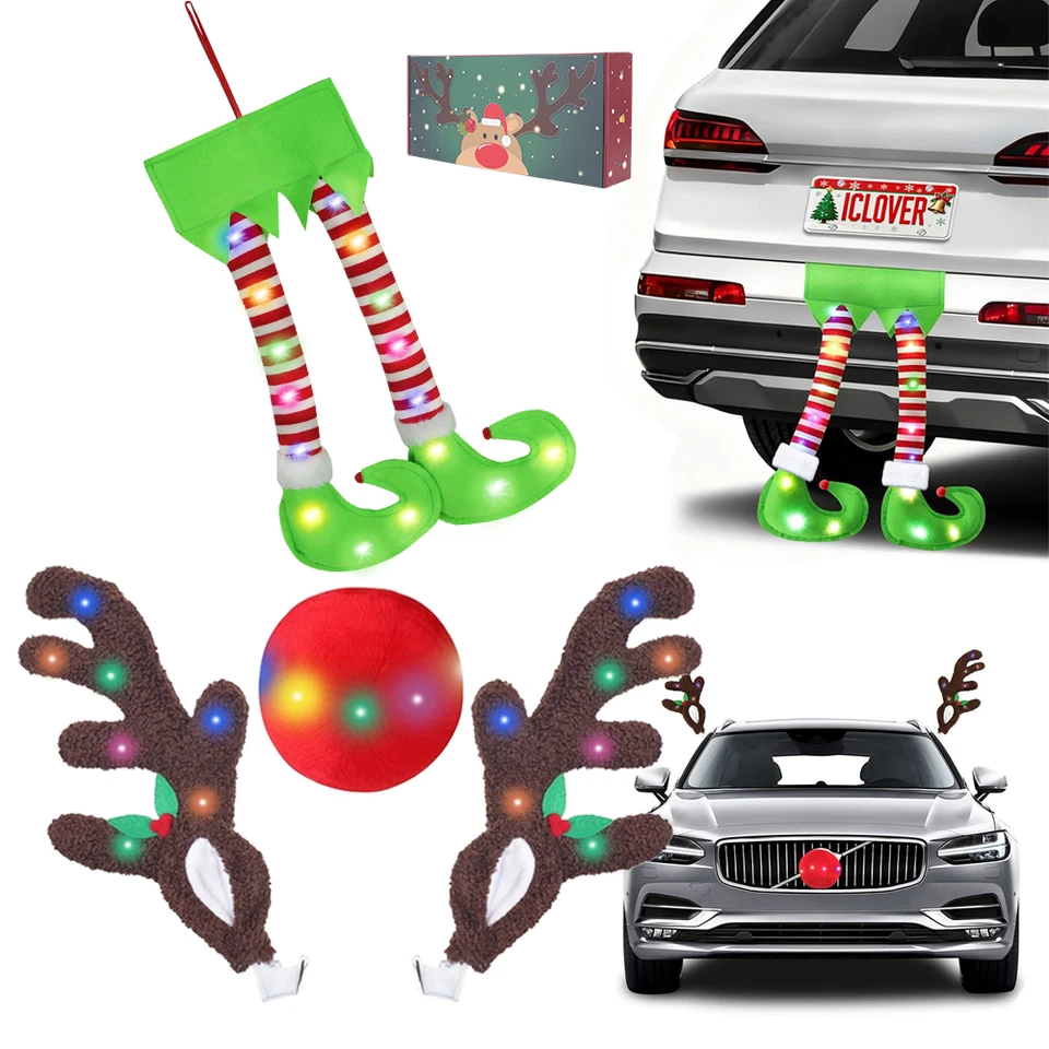 Рождественский олень рога и Elf ноги комплект со светодиодами для автомобиля грузовика внедорожника декор - Изображение 1 из 1