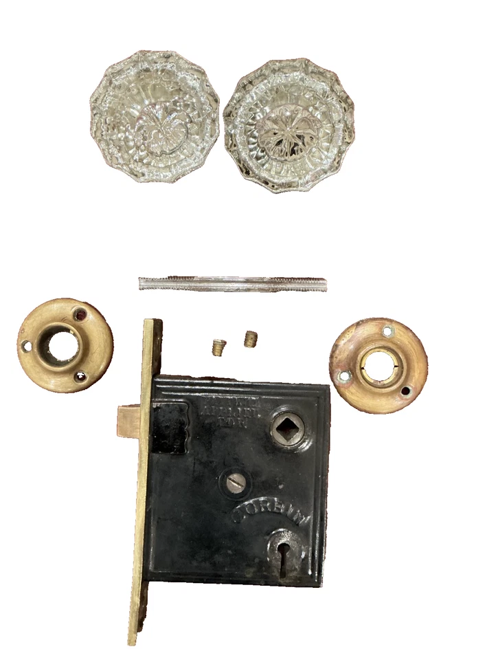 PAR DE PERILLAS DE PUERTA DE VIDRIO ACANALADO VINTAGE - CERRADURA DE MORTAJA - ROSETAS - VARILLA (UN LOTE) Foto 1 de 4