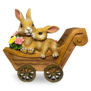 Bunnies in Wheelbarrow Solar Garden Statue Outdoor Light Up Bunny Figurine - Picture 1 of 10