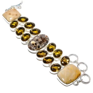 Natural Turritella Fossil Agate & Smoky Silver Plated Jewelry Bracelet 7.99" - Picture 1 of 3