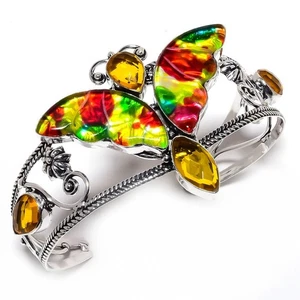 Dichroic Glass, Citrine Gemstone 925 Sterling Silver Cuff Bracelet Adst. s107 - Picture 1 of 7