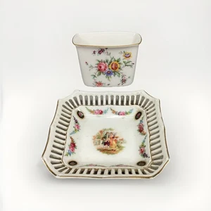 Minton Floral Toothpick Holder & Bavaria Schumann Reticulated Trinket Candy Dish - Picture 1 of 16