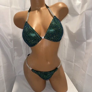NPC competition Bikini posing suit Emerald  Green hologram 34B WITH PADS - Picture 1 of 6