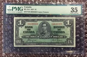 1937 $1 Canada Banknote BC-21d Coyne Towers PMG 35 EPQ S/N N/N 6626359 - Picture 1 of 12