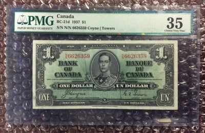 1937 $1 Canada Banknote BC-21d Coyne Towers PMG 35 EPQ S/N N/N 6626359 - Image 1 of 4