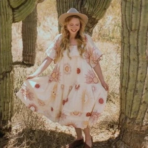 URBAN OUTFITTERS Boho Midi Dress Yellow Total Eclipse Sun Moon Lined Women Small - Picture 1 of 24