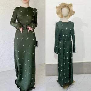 Fashion Women Long Sleeve Dress Belted Slim Gown Dubai Party Dresses S-2XL - Picture 1 of 22