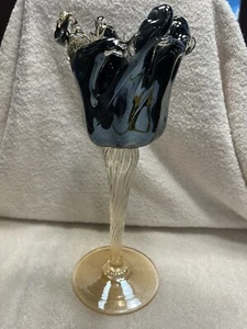 Murano Italy, handblown Art Glass 13 In Tall Candle Holder very dark blue - Picture 1 of 4