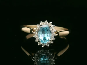 9ct Yellow Gold, Blue Zircon & Diamond Cluster Ring - Size T - Picture 1 of 12