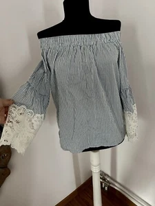 Italienisches Glockenärmel gestreiftes Shirt Top Bluse Schulterfrei S Made in Italy Baumwolle - Bild 1 von 5
