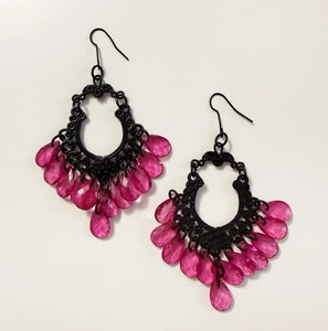 Paparazzi Black & Pink Large Chandelier Dangle Earrings Pierced French Wire - Picture 1 of 3