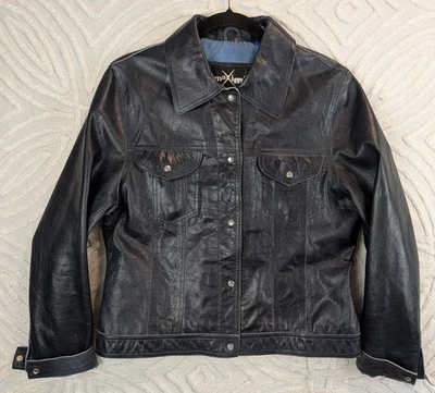 Chaqueta De Colección Wilsons Máxima Cuero Azul Café Corredor Estilo Mujer L Perla A Presión Años 90 Foto 1 de 4