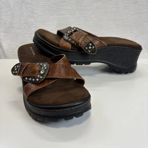 Roper Sandals Women’s 9 Brown Leather Straps Chunky Wedge Top Buckle Western - Picture 1 of 11