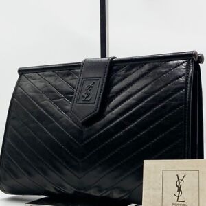 Yves Saint Laurent Clutch Bag Handbag Black Leather Vintage V-stitch AUTH