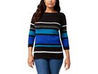 Karen Scott Womens Deep Black Striped 3/4 Sleeve Boatneck Pullover Sweater Sz PL