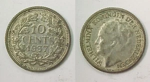 1937 Netherlands 10 Ten Cent Extremely Fine - Almost Uncirculated XF - AU - Picture 1 of 1