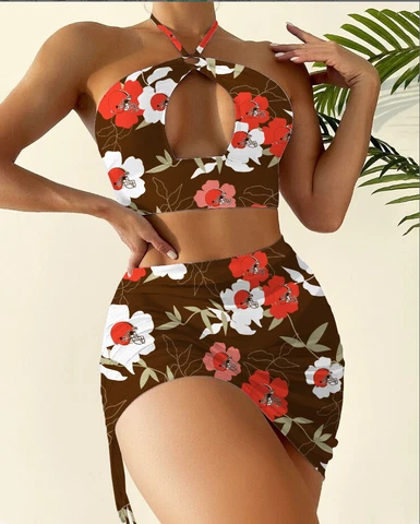 Cleveland Browns 2PCS Halter Cutout Bikini Set Bathing Suit Skirt Swimsuits New Cover