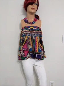 Camilla Silk Colorful Beaded Print Top Crystal Embellishments & Removable Straps - Picture 1 of 18