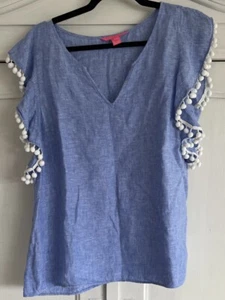 LILY PULTZER Blue/white Linen W/POP-POPS ON SLEEVE SIZE L BOHO/BEACH - Picture 1 of 10